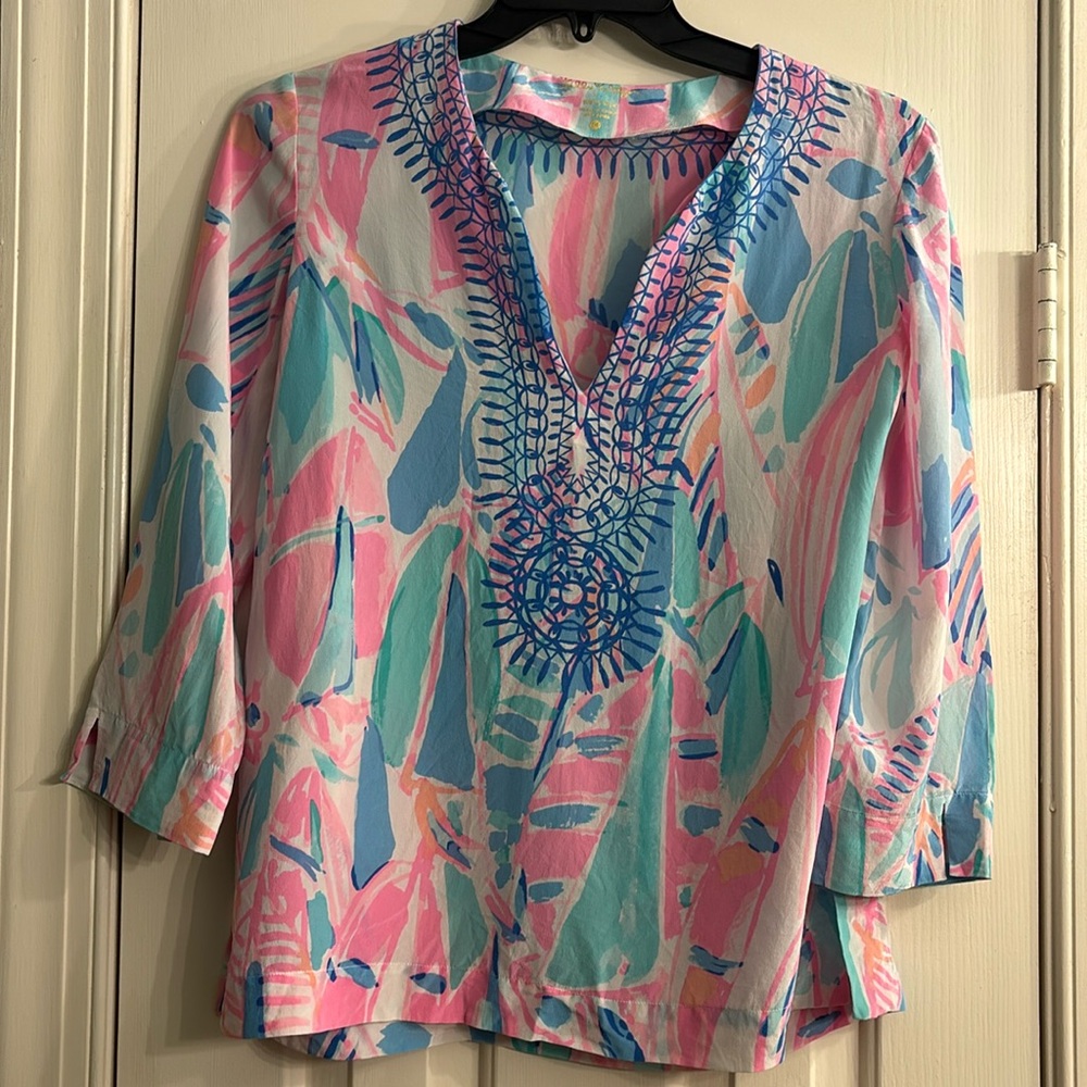 LILLY PULITZER AMELIA ISLAND TUNIC OUT TO SEA 100% Silk Blouse